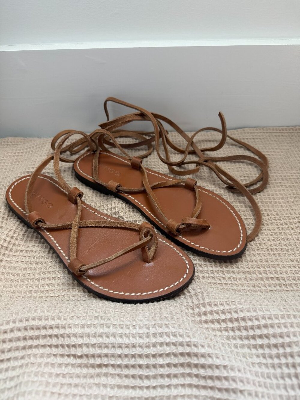 Mango Brown Leather Lace-Up Strappy Sandals